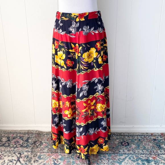 Silk Maxi Skirt Size Large FUDA Vintage Vibrant Red Yellow Blue Floral Tropical - Picture 1 of 16